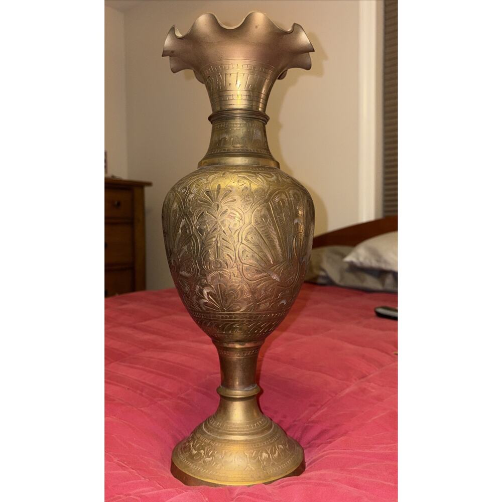Vintage Indian Solid Brass Vase, Candle Holder, & Peacock W/Details